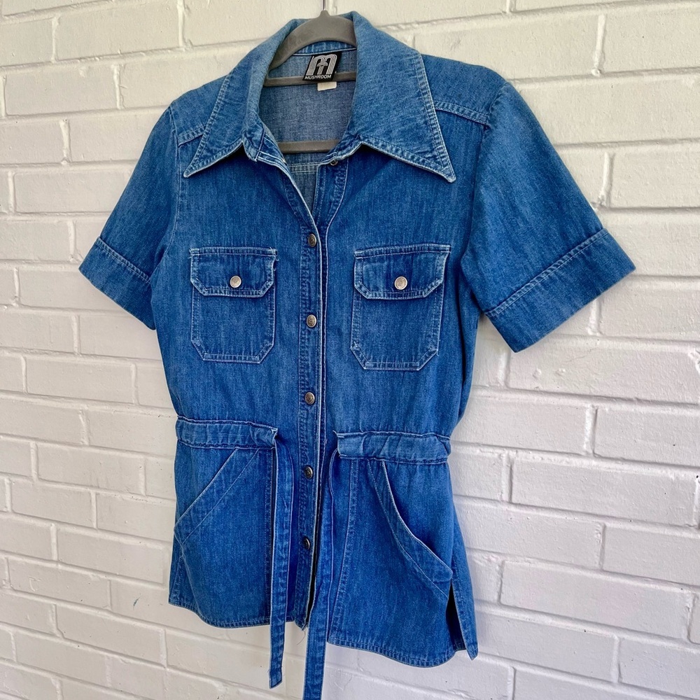 ❌SOLD❌ Vintage 1970s MUSHROOM Denim Button-Up w/ Waist Tie, SZ 11/12, EUC!!! - Picture 2 of 7